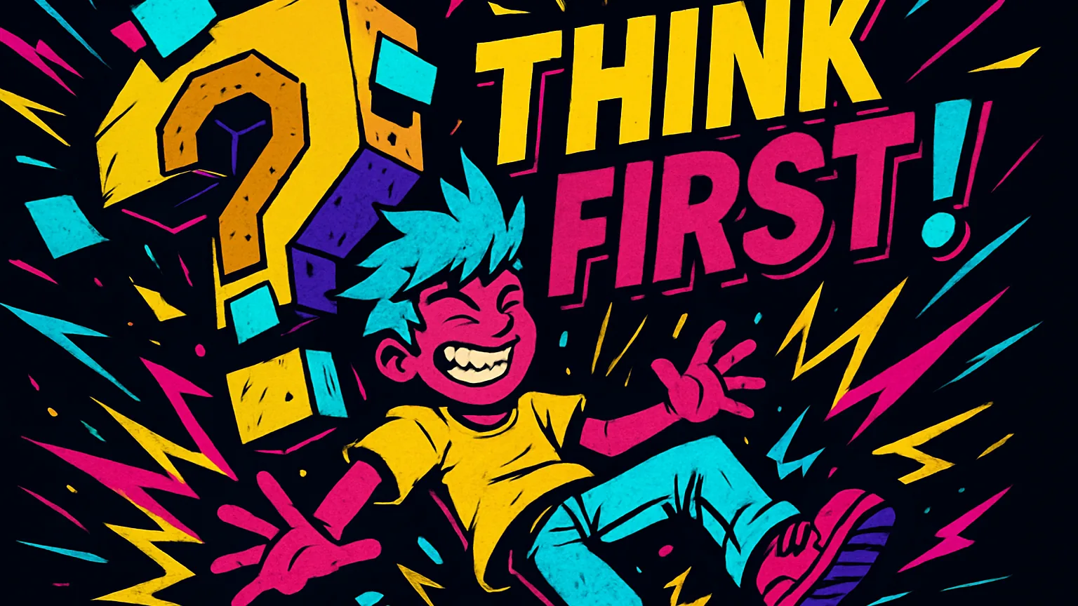 A grinning kid falls backwards as a giant yellow question mark and cardboard cubes topple around them, with comic lettering reading THINK FIRST!