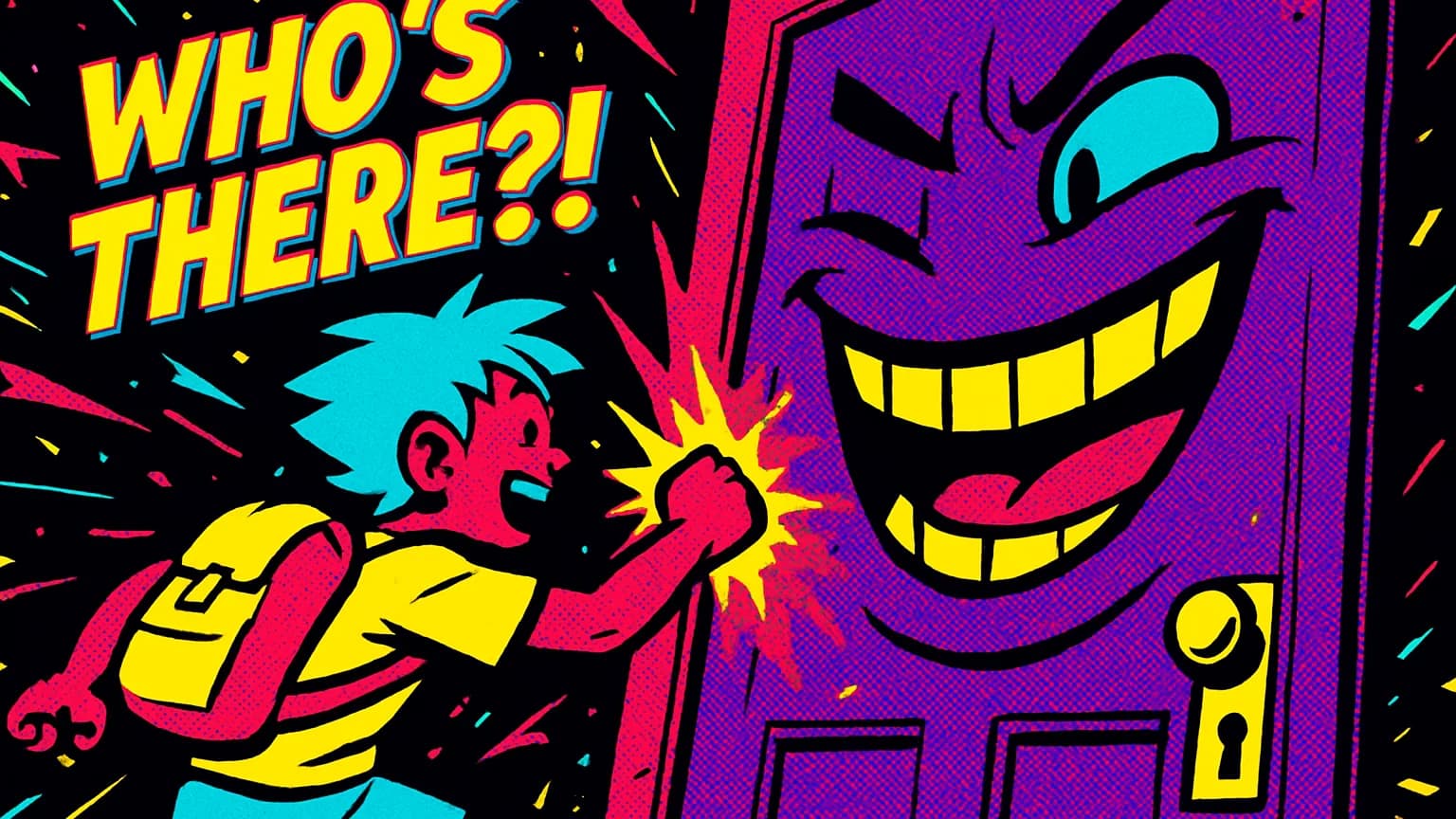 A cartoon kid with cyan hair knocks on a giant grinning purple door. The door has a huge toothy smile and comic lettering above reads WHO'S THERE?!